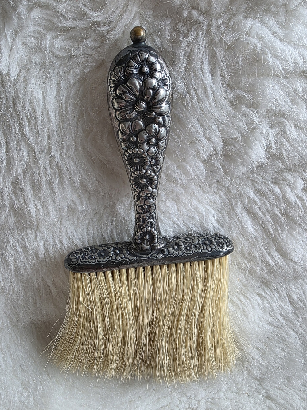 Vintage Decorative Hat/Coat Handle Hair Brush - Silver Handle, Cream Bristles.
